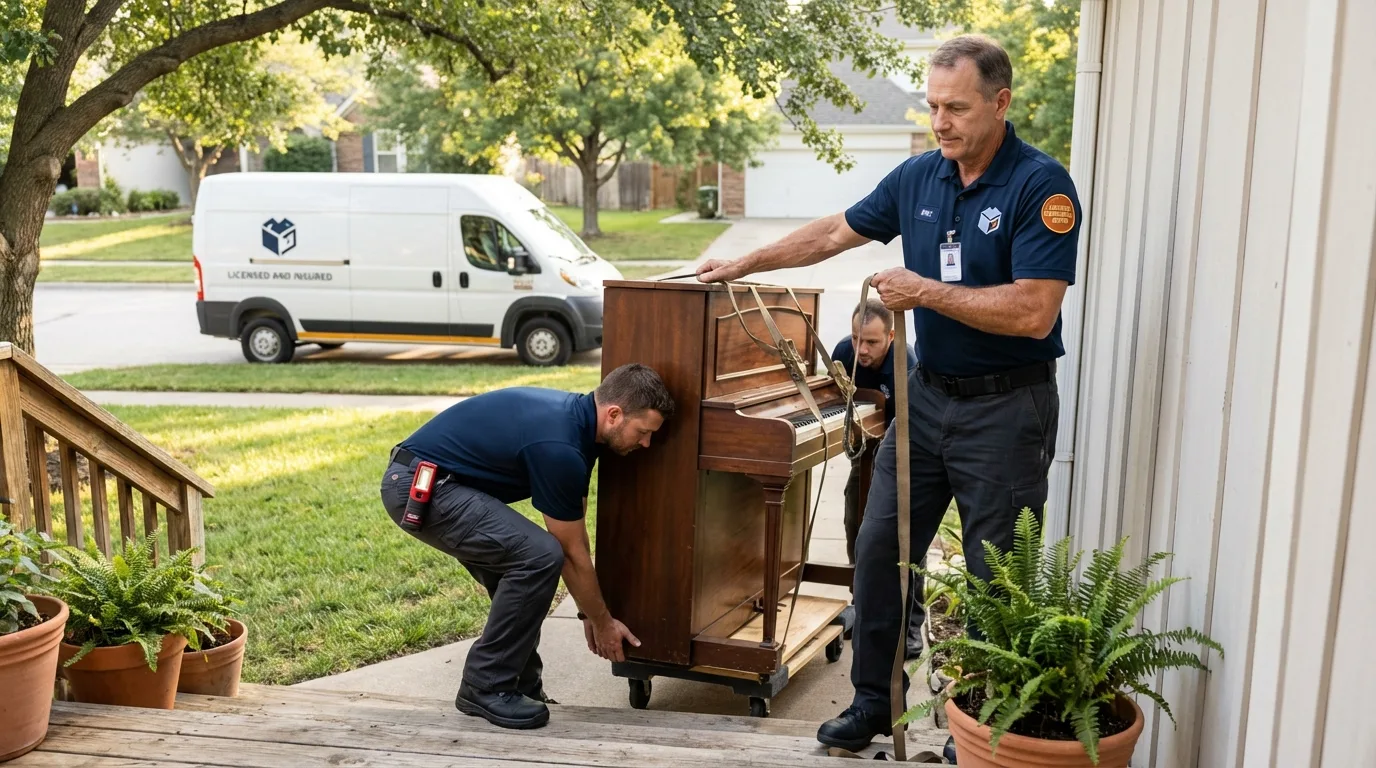 Licensed piano movers securing grand piano in Webb, AL