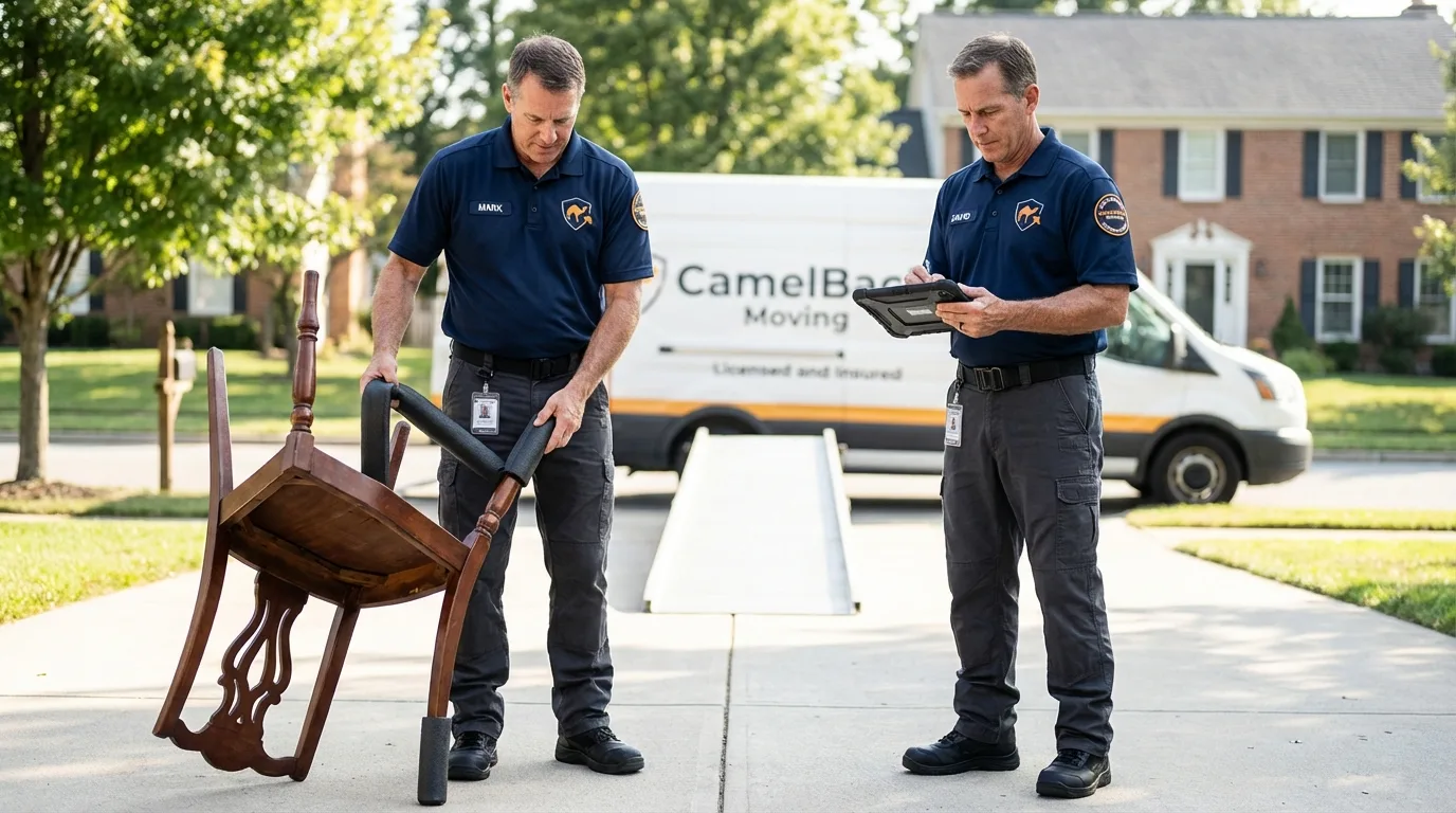 Movers inspecting furniture for damage prevention before loading in Webb, AL