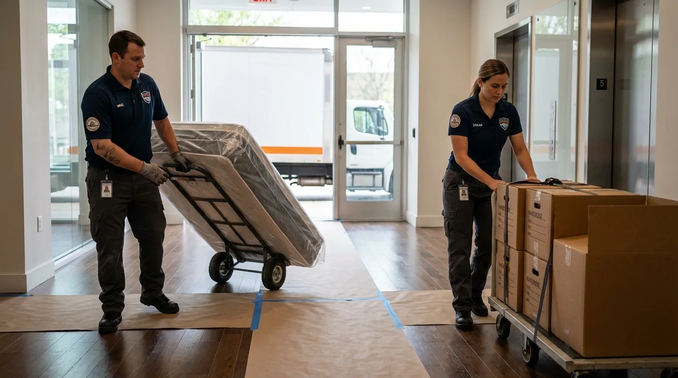 Professional apartment movers loading elevator in Webb, AL
